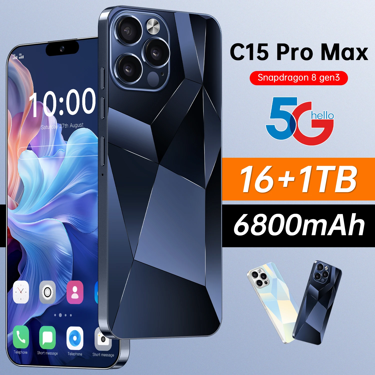 Original C15Pro Mobile Phone 7.3HD Smartphone 5G Dual SIM Android14 Cell Phone 22GB+2TB Snapdragon8 gen 3 Global Version