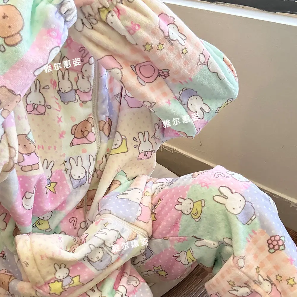 Kawaii Miffy Boris Conjunto de pijama de flanela térmica espessada desenho animado fofo de pelúcia macio conjunto de roupas caseiras presente de Natal