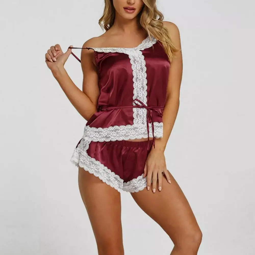 

Women Pajamas Set Silk Satin Sexy Lace Sling Christmas Themed Pyjama Night Suits V Neck Lace Belt Camisole Shorts Sleepwear