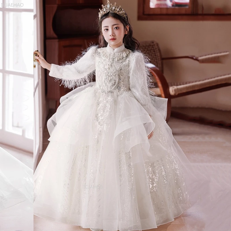 Girls Flower Kids Girl Wedding Dress Children White Tulle Princess Party Gown for Piano Performance Evening Wear Autumn Winter
