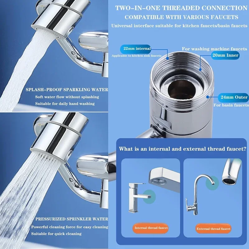 1440 Kitchen Scalable Metal Faucet Aerator Bathroom Tap Splash-proof Bubbler Faucet Filter Nozzle Tap Saving Water Extender