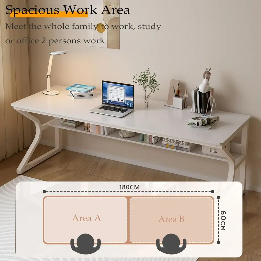 Long Desk with Bookshelf 71 Double Long Writing Table for 2Person Workstation, Modern Study Work Computer Desk for Home and Offi