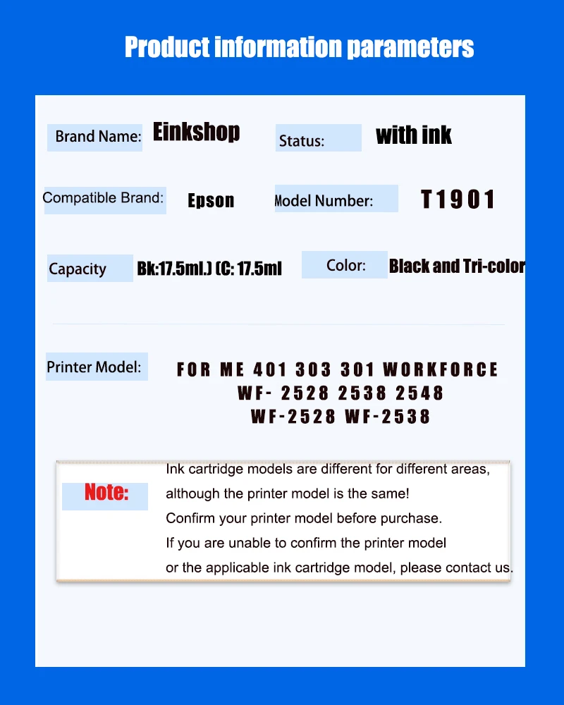 einkshop T1901 Ink Cartridges for Epson T1901 - T1904 For EPSON ME 301/401 WF-2538 WF-2528 ME-301 ME-401