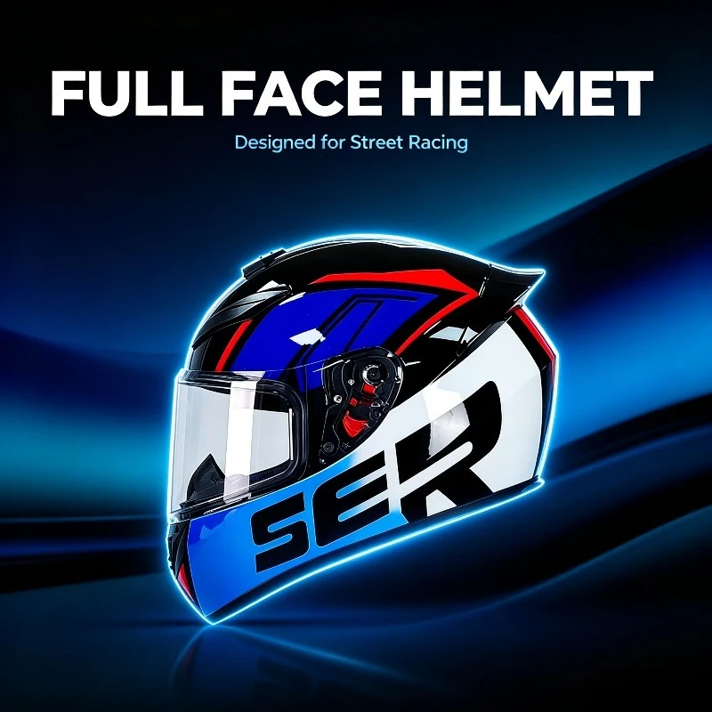 QIKE SEK Shockproof Racing Motorbike Helmet with Clear Visor, Ventilated Safety Helmet for Street Bike Scooter