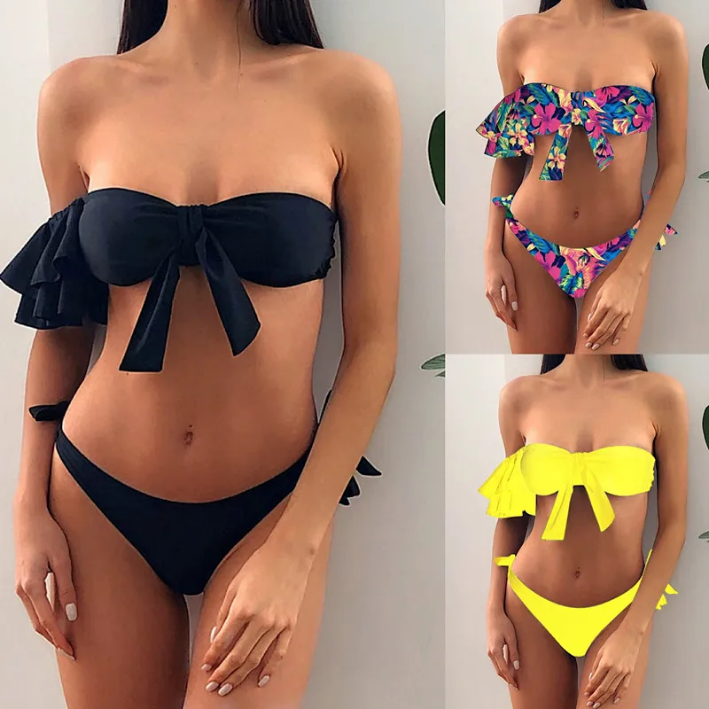 

European and American New Ruffle Wrapped Bikini Sexy Tie Plain Swimsuit Women One Piece Swimsuit Surf Beachsuit