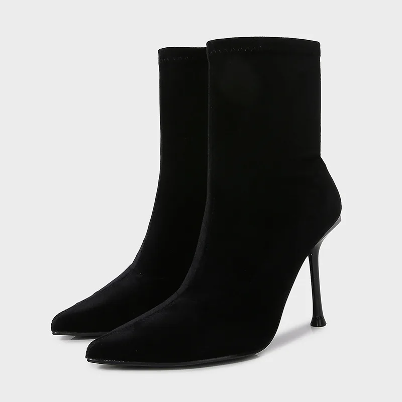

Бархатные элегантные эластичные ботинки на высоком каблуке, женские модные зимние ботинки на молнии с острым носком, черные сексуальные женские ботильоны на шпильке