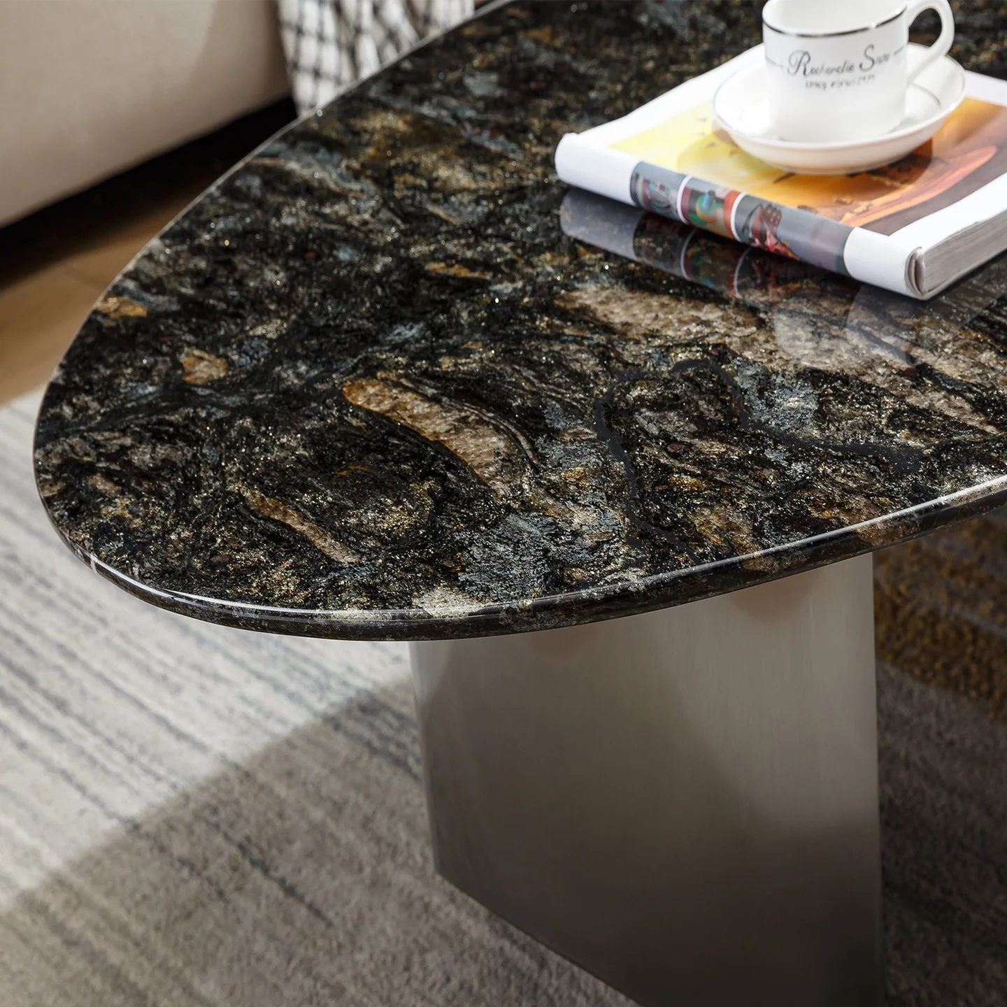 @#Light Luxury Design High End Minimalist Oval Stainless Steel Base Natural Marble Stone Coffee Table BTCT016 for Home or Hotel
