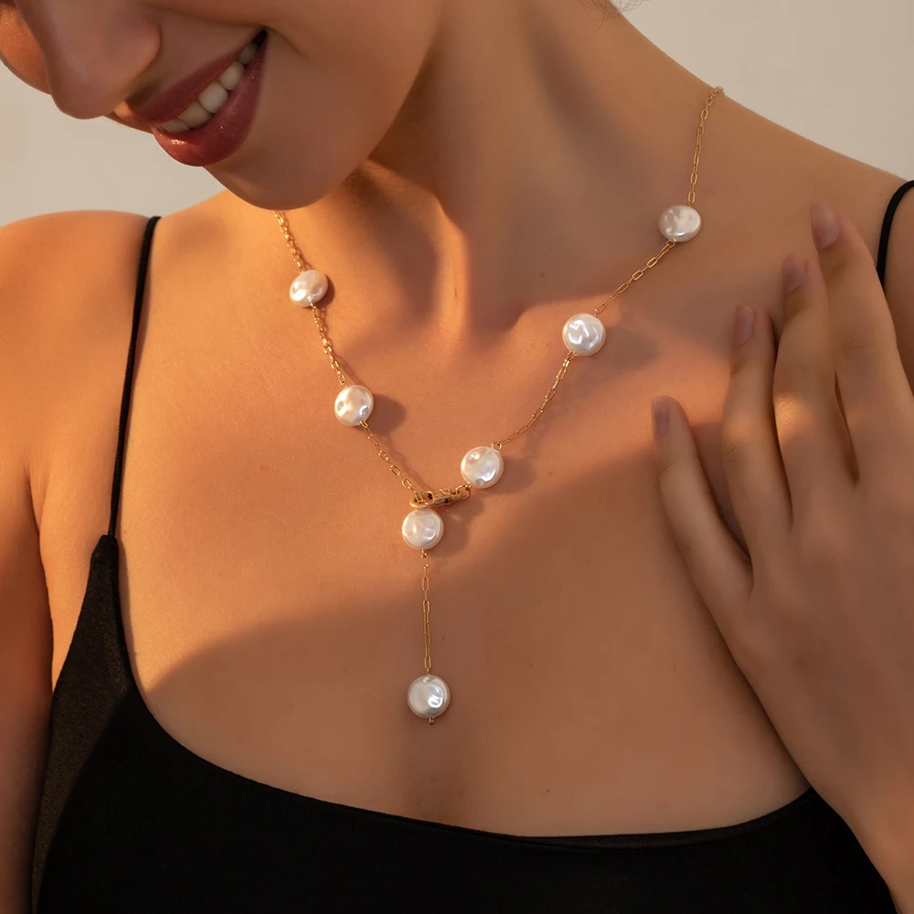 New Elegant Geometric Imitate Pearl Necklace for Women Handmade Flat Beading Choker Exquisite Jewelry Valentine's Day Gift Чокер