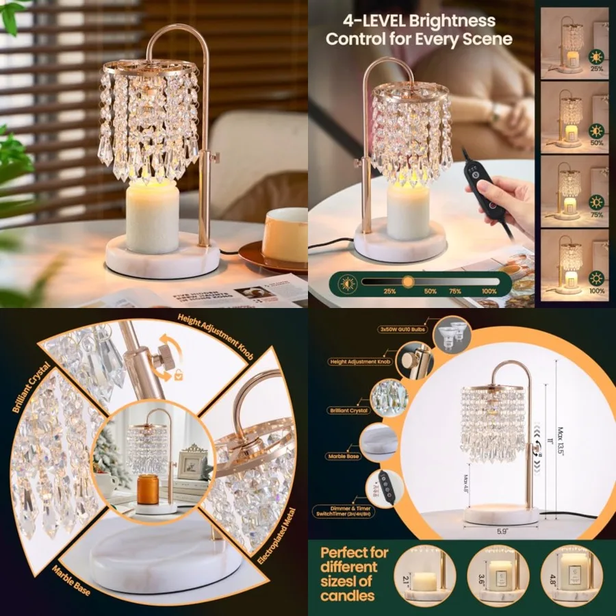 

Candle Warmer Lamp with Timer Dimmer 2H/4H/8H Timer, Lamp Candle Warmer with Marble Base for Adjustable Height, Crystal Wax Mel
