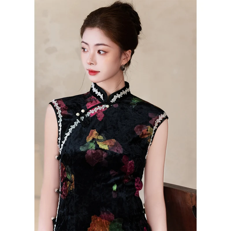 

Ele Bla Velvet Young Sle anghai Qipao Women's Faion ow Performance High End Daily Wear Low Slit Svel Dr