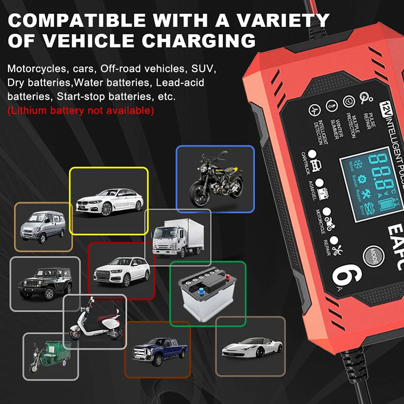 Ładowarka samochodowa 6A 12V samochód i bateria motocyklowa urządzenie ładujące akumulatora kwasowego inteligentnym wyświetlaczem LCD do naprawy