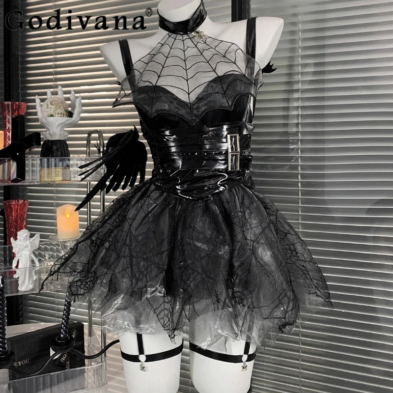 Little Devil Cosplay Sexy Backless Dress Girls Japanese Summer Dark Leather Dress Black Straps Hollow Dress for Women