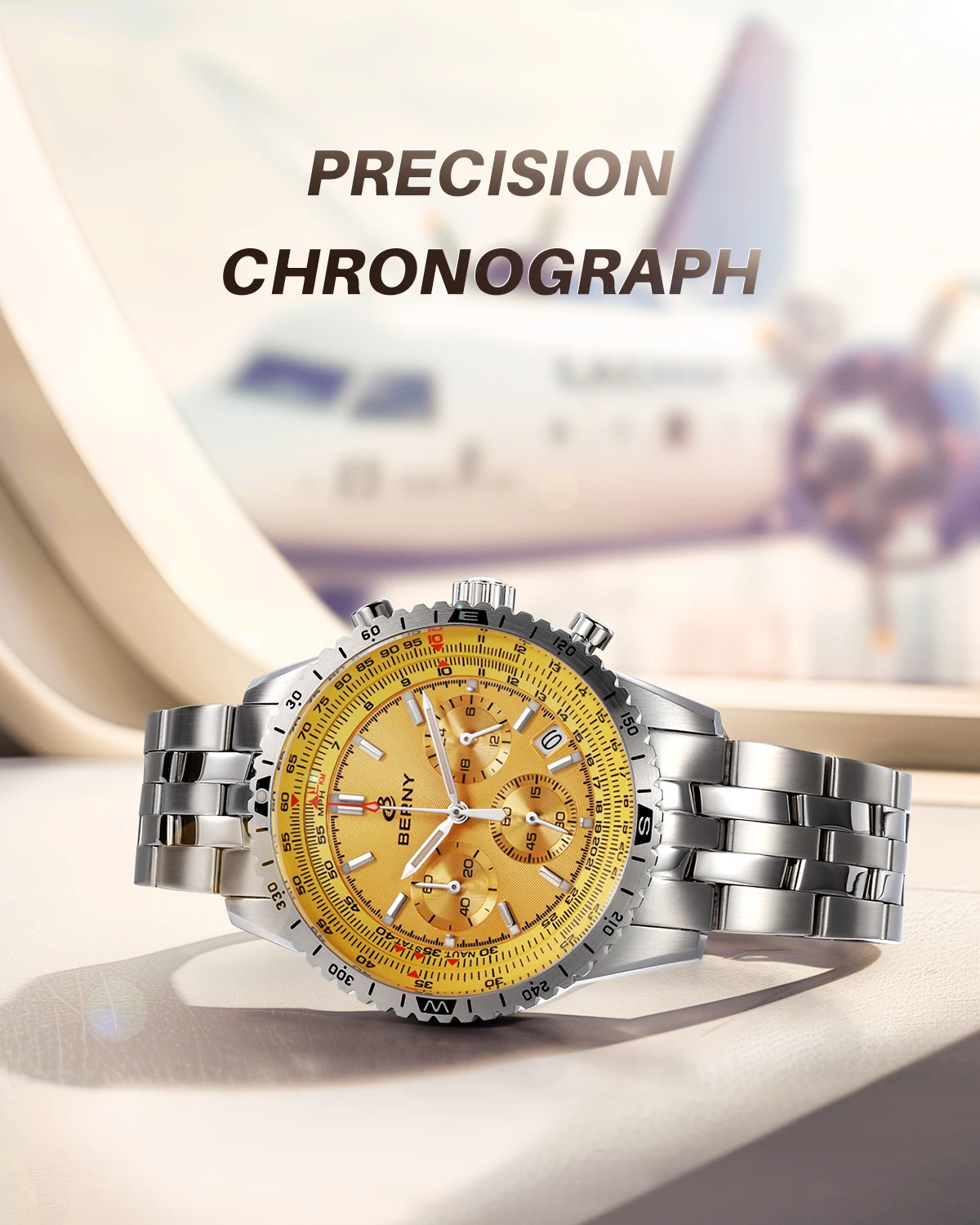 BERNY Aviation Herrenuhren Quarz Chronograph Uhr Datum Saphir Super Leuchtend Luxusmarke Dress Herren Armbanduhr – Detail 1