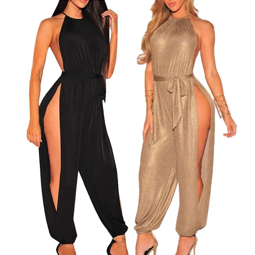 

Hollow out Jumpsuit Women Sexy Solid Color Sleeveless Halter High Side Slitting Ankle Tied Jumpsuit Elegant