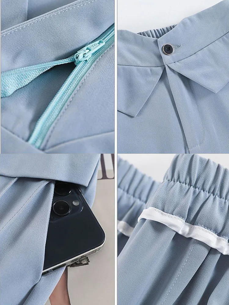 Chic Design Blue Baggy Straight Suit Pants Women Office Formal Elastic High Waist Wide Leg Pantalones Korean Loose Solid Calca
