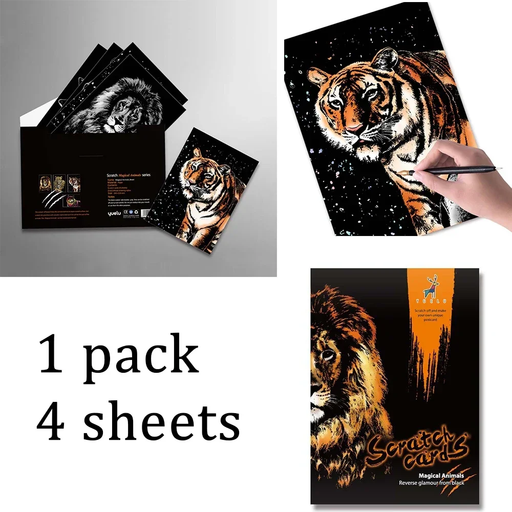 4 قطعة/المجموعة الحيوان اللوحة الأصالة DIY خدش اليدوية اللوحة غرفة ديكور الجمالية النمر الأسد المشارك A4 كرتون الرسم #4