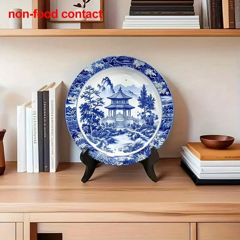 1pc Blue And White Porcelain Pavilion Landscape Round Ceramic Wall Decor Plate, Non-Food Contact. This 8-Inch Vintage