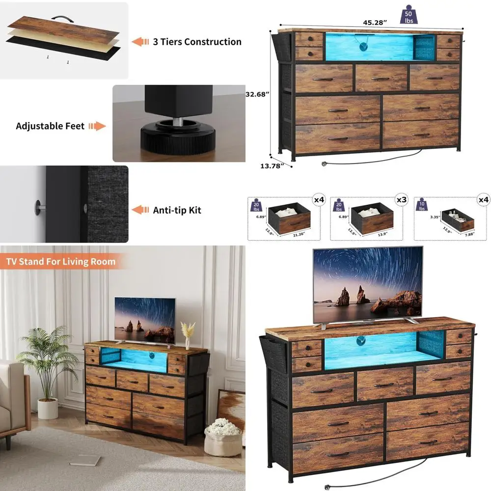 

55 Подставка для телевизора Комод с 11 ящиками, светодиодной подсветкой, розетками, тканевым сундуком, коричневым деревом в деревенском стиле