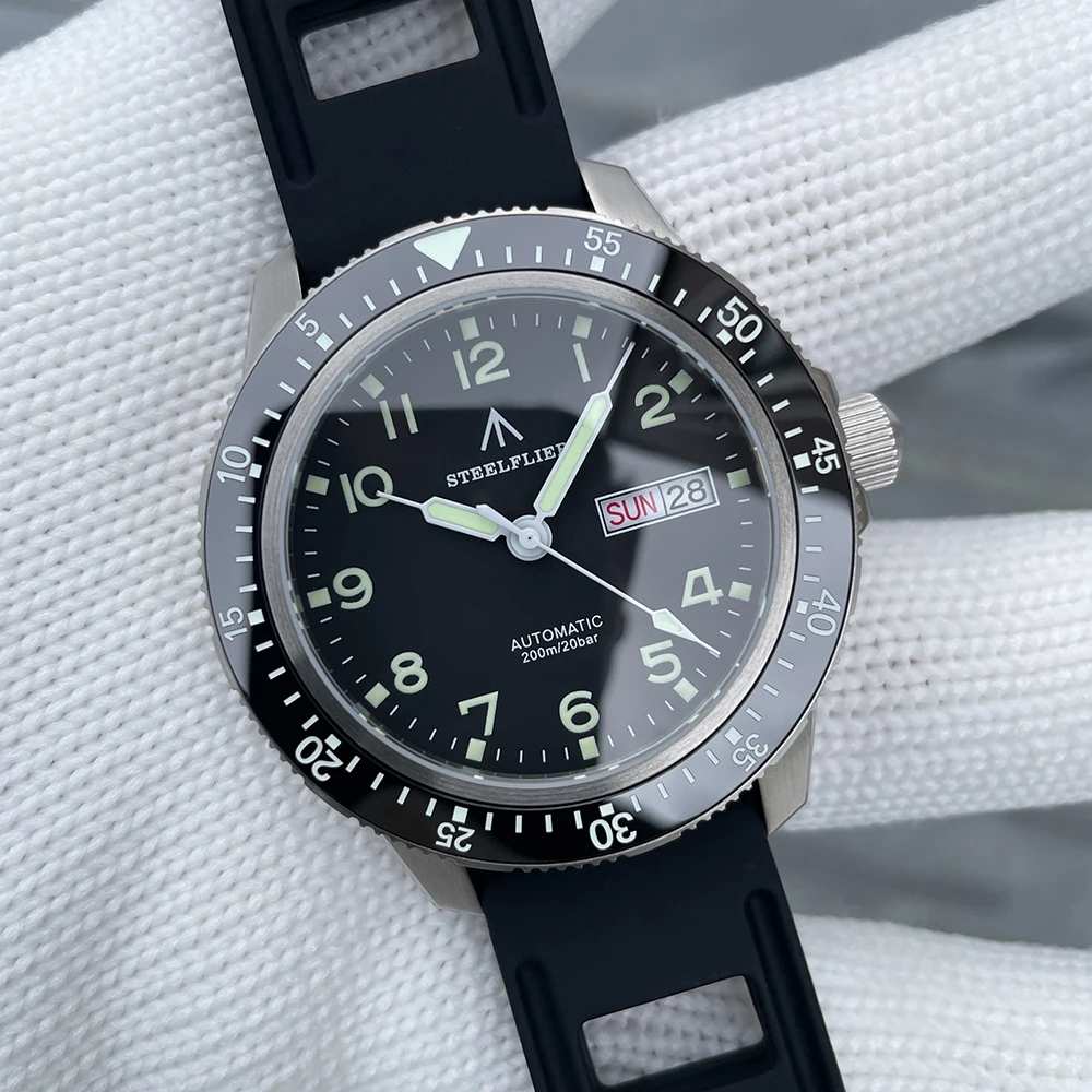 Мужские автоматические часы STEELFLIE Pilot 41 мм, спортивные механические наручные часы для дайвера, 200 м, водонепроницаемые, C3, светящийся сапфир, NH36, дата недели