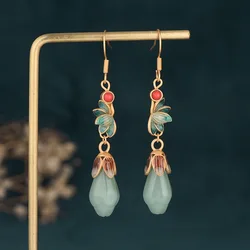 New Luxury Trendy Women's Earrings Traditional Jewellery Orchid Imitation Jade Earrings for Women Enamel Golden Drop Earrings