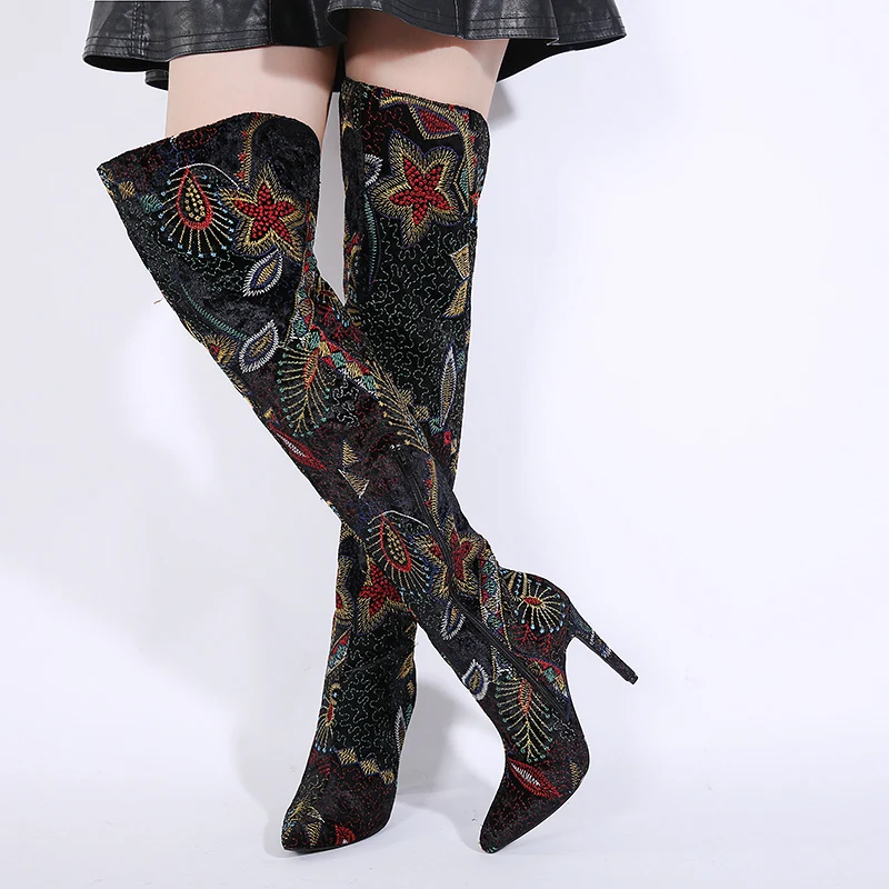 

2025 Fashion Over Knee Boots Women Pointed Toe Embroidery Black Stylish Boots Stiletto High Thigh High Dress Party Female