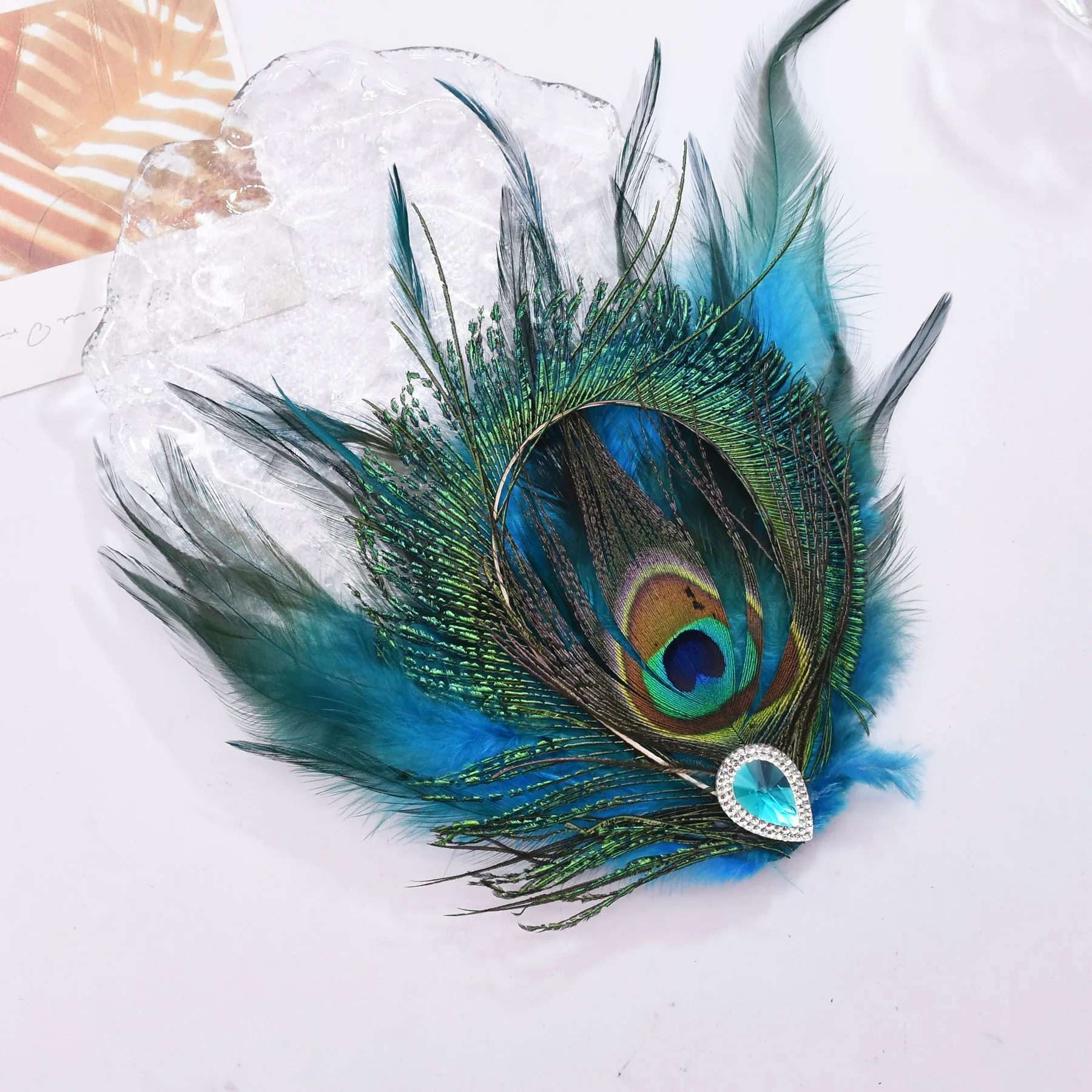 Ethnic Exaggerate Rhinestone Peacock Feather Hair Clip Colorful Feather Side Clip Exquisite Hair Clip