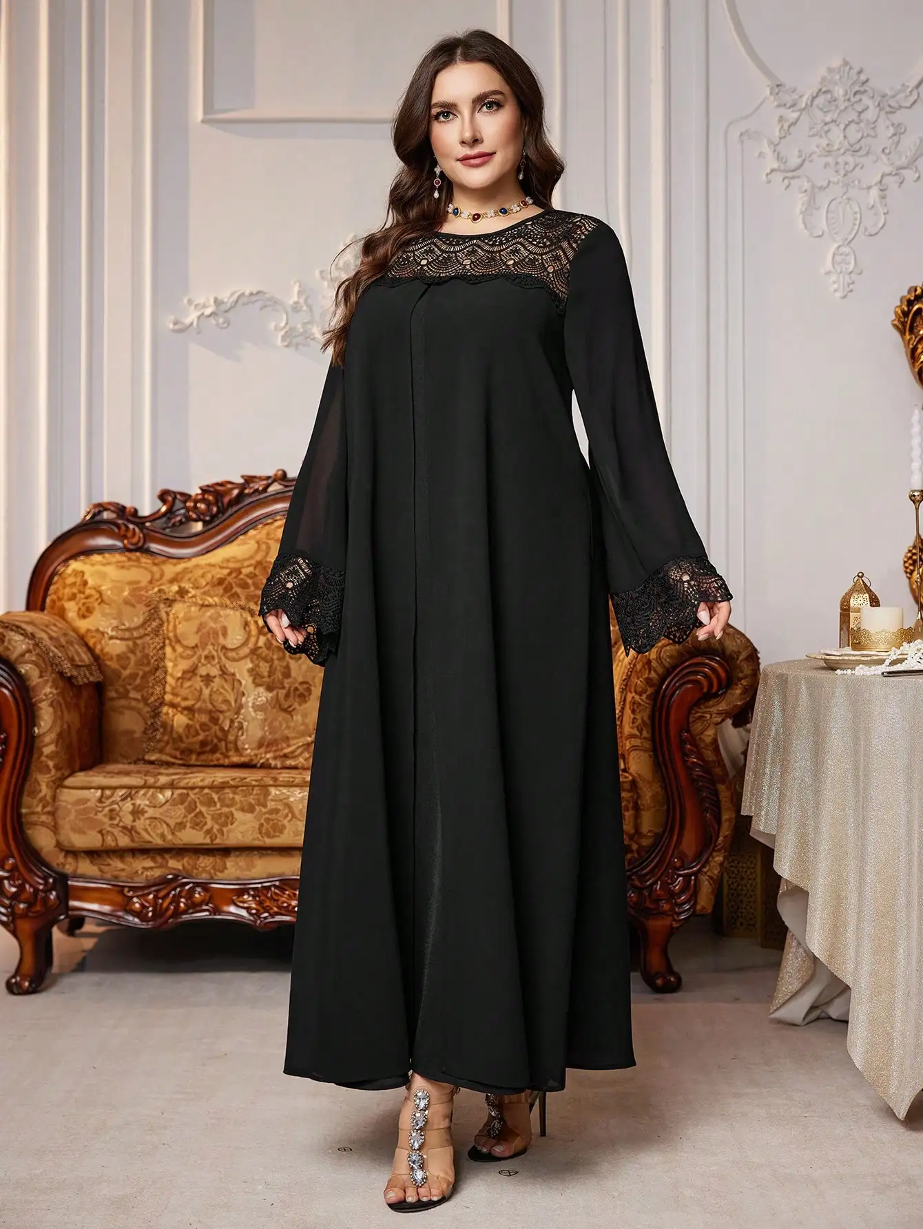 

Black Lace Patchwork Abaya Dress Loose Plus Size Casual