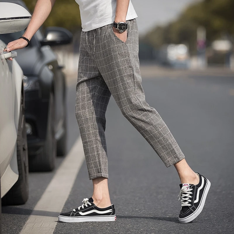 Plus Size M-5XL Men Plaid Ankle Length Cotton Linen Jogger Pants Casual Fashion Sweatpants Trousers Street Summer