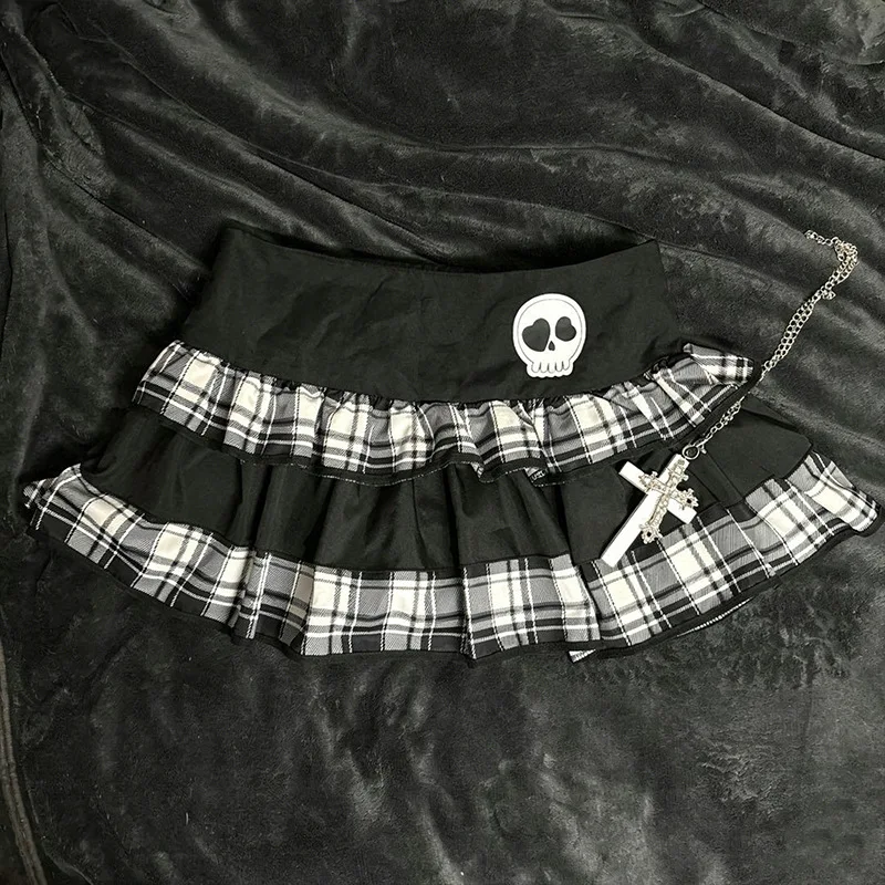European American Japanese Style Pleated Cake Skirt Black White Plaid Patchwork Sweet Cool Mini Skirt