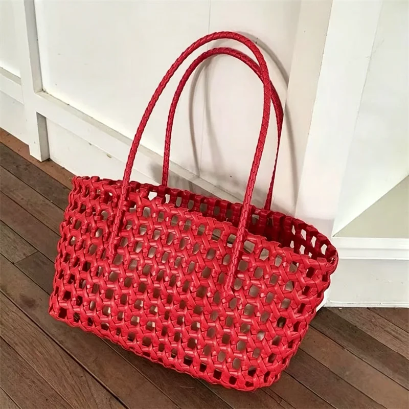 Hand Woven Vegetable Basket Handbag Countryside Style Hollow Straw Shoulder Bag Lightweight Summer Beach Travel Tote Bag