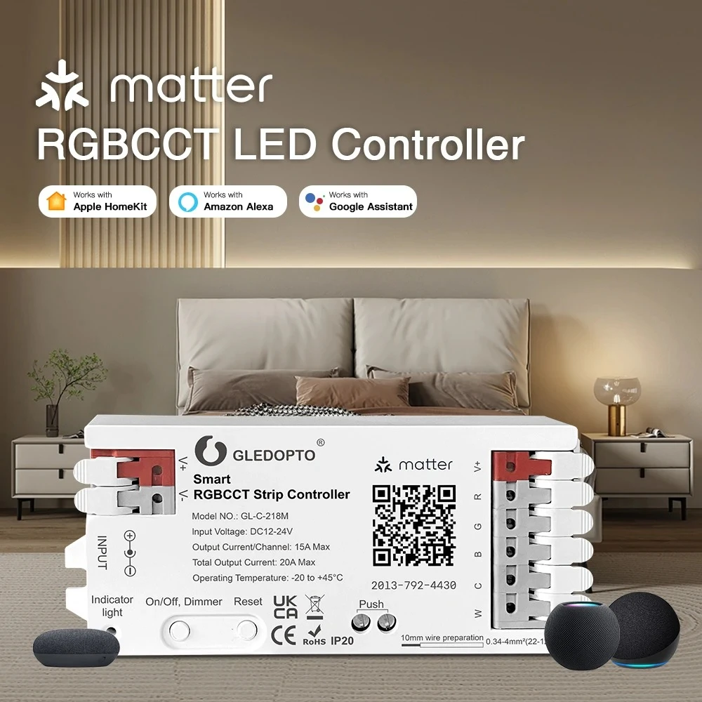 12/24V Matter RGBCCT LED Controller Smart WIFI Dimmer Work with Amazon Alexa Google Siri Voice Control for RGBCCT Strip Light