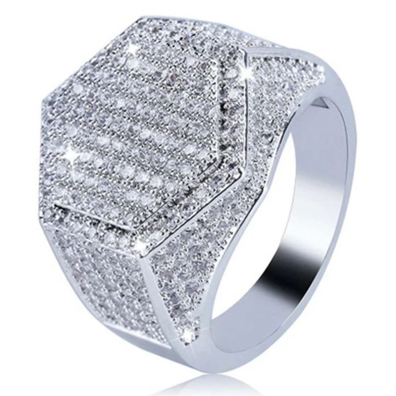 Big Hip Hop Style Rhinestone Men\'s Ring Square Ring Silver Color Pave Setting CZ Wedding Engagement Rings Top Quality