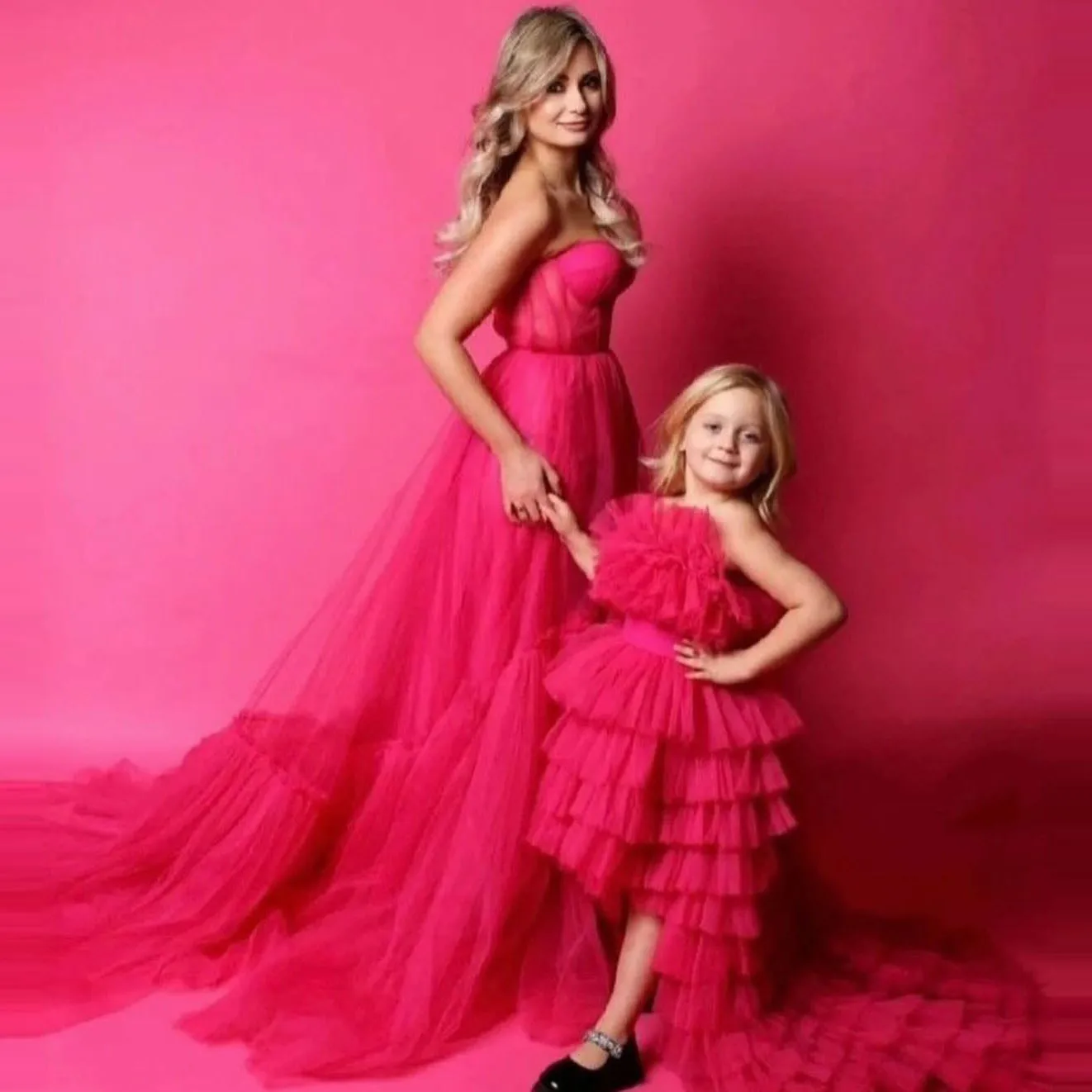 Charming Tulle Mother And Kid Matching Prom Dresses 2024 Christmas Party Dress For Photo Shoot Mommy And Me Evening Outfits Gown