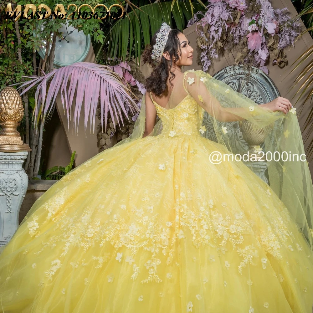 EVLAST-Vestido Quinnceanera Amarelo Brilhante, Aplique Floral, Cristal Frisado com Capa, Vestido de Baile Sweet 16, SQ582, 16