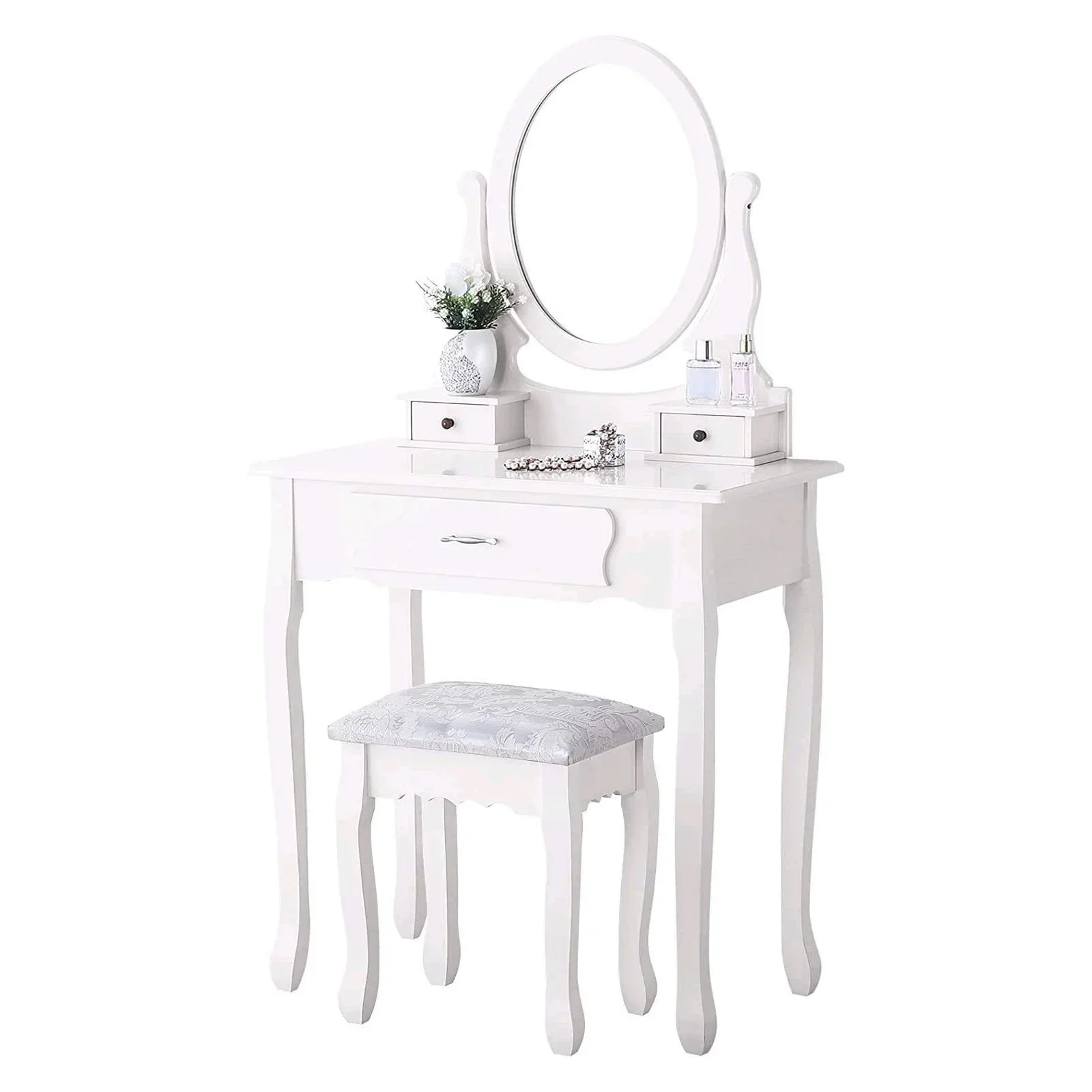 Lazyspace Vintage Luxurious Bedroom Dresser With Round Mirror Upholstered Stool Set Dressing Table with Mirror and 3 Drawers