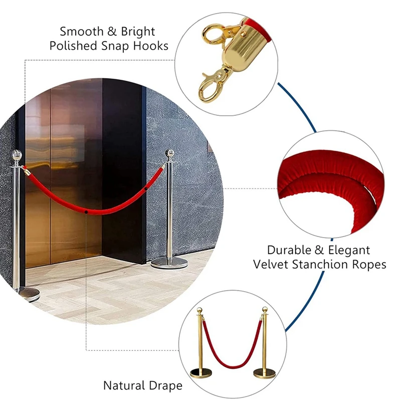 ABVJ-2 Pack Velvet Stanchion Rope With Gold Hooks, Crowd Control Rope Safety Barrier Red Carpet Decoration, 5 Feet