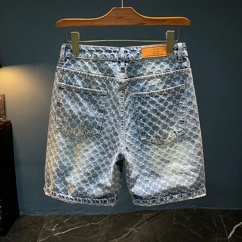 Jacquard denim shorts men's summer 2025 thin casual blue trendy brand loose design five quarter pants