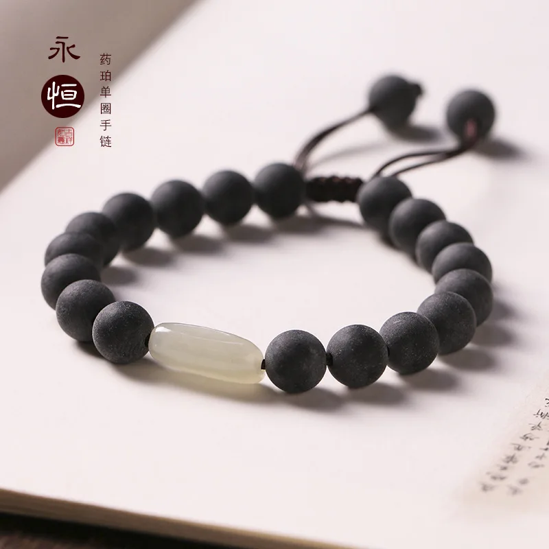 

Браслет-оберег из натурального янтаря с бусинами из необработанного нефрита Хэтянь, ручной работы, регулируемый, с узлами, для женщин, в подарок