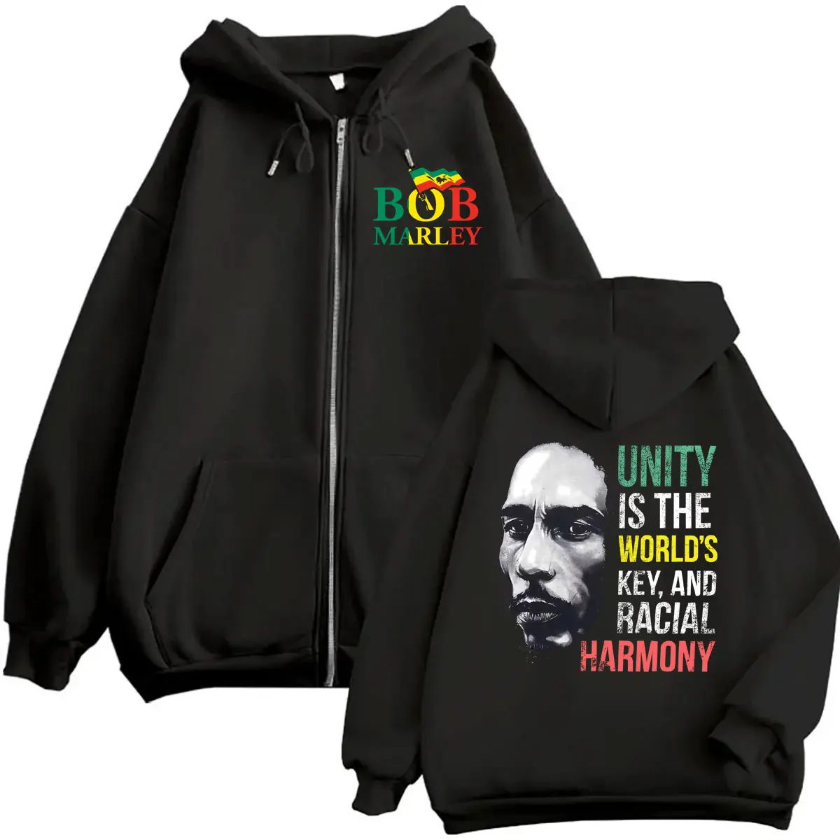 Sweat à capuche zippé avec motif visage de Bob Marley style Reggae, « L'unité est la clé du monde et la harmonie raciale », veste zippée pour hommes et femmes, sweats à capuche tendance