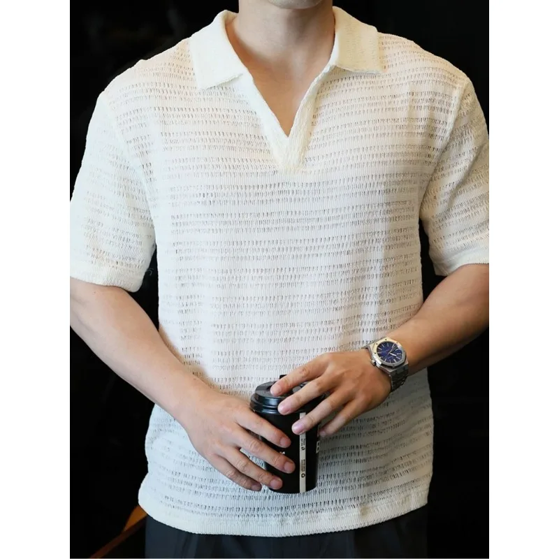Mens Cuban Collar Hollow Out Short Sleeve T Shirt Summer New Ice Silk Knit Shirt Trendy Streetwear