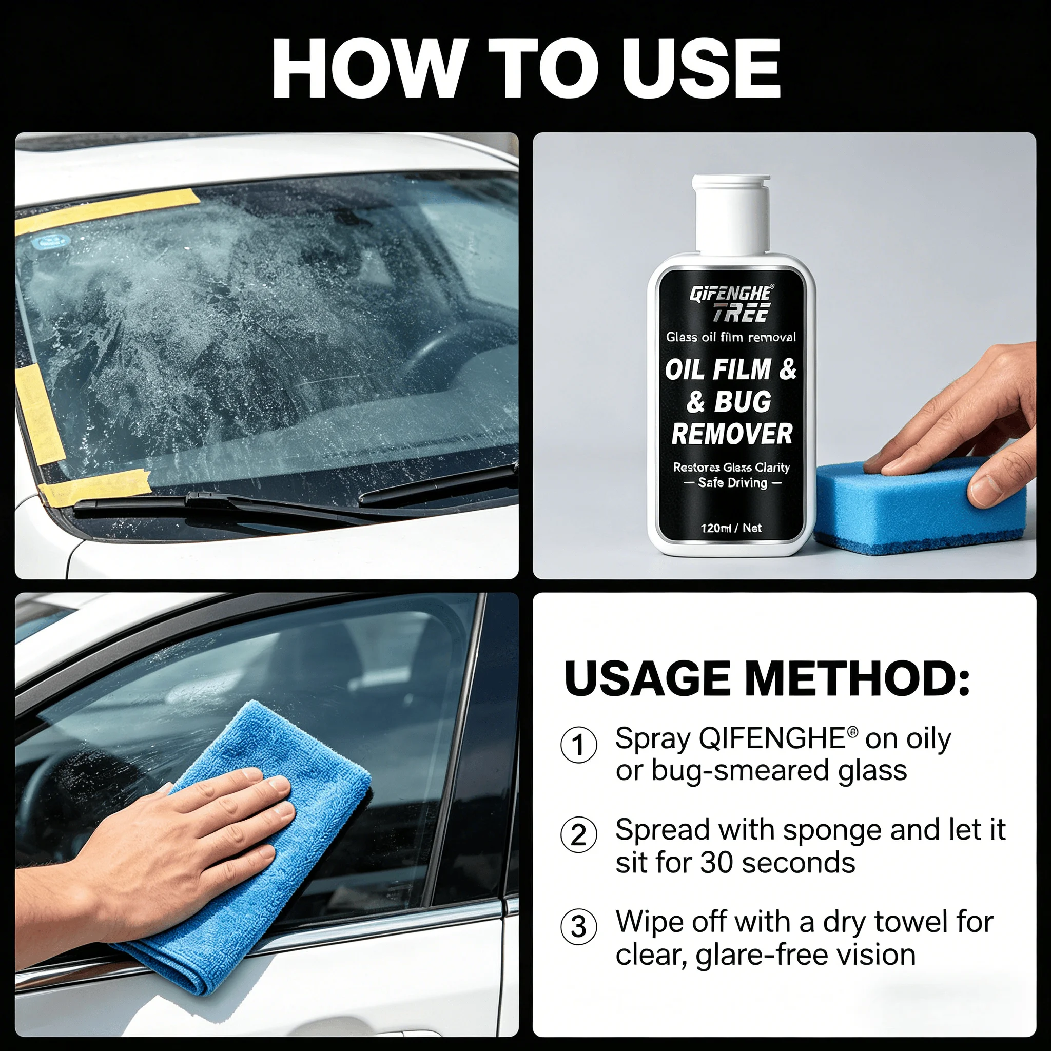 Spray para Eliminar Películas de Aceite y Residuos de Insectos del Parabrisas del Automóvil, 120 ml – Visibilidad Mejorada Día/Noche, Elimina Aceite, Residuos de Insectos Pegajosos, etc.