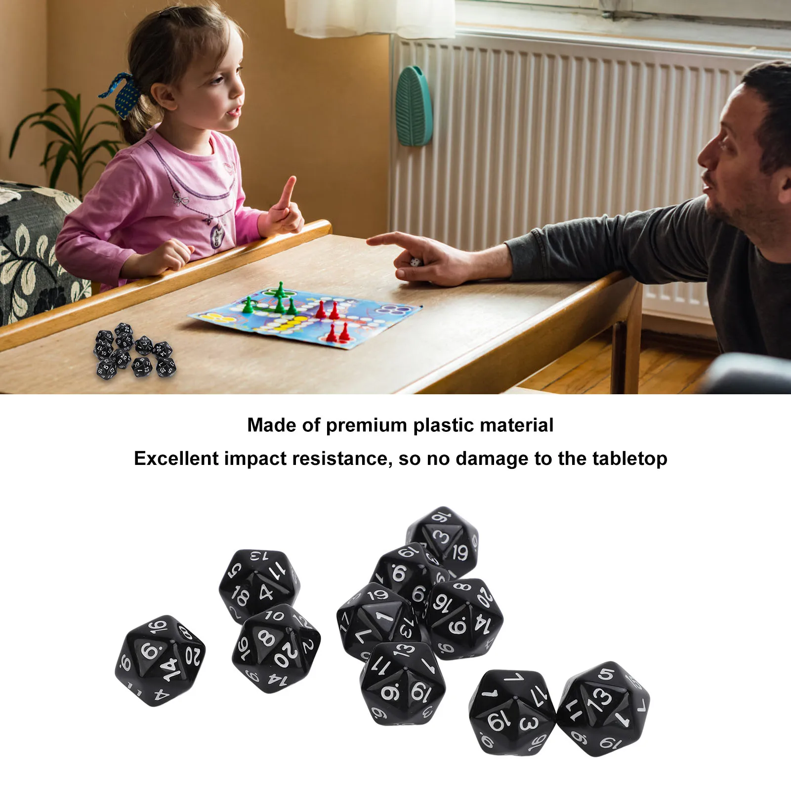 ZK30 10PCS Polyhedral Dice Set Plastic Lightweight 20 Sided Dice for Role Playing Table Games Black