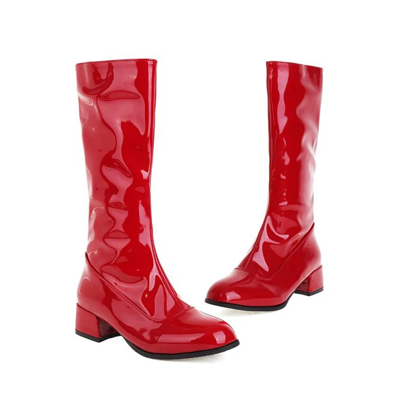 New Women's Long Boots Patent Leather Knee High Boots Simply Square Toe Thick Heels Winter Women Shoes Zapatos De Mujer WSH5390
