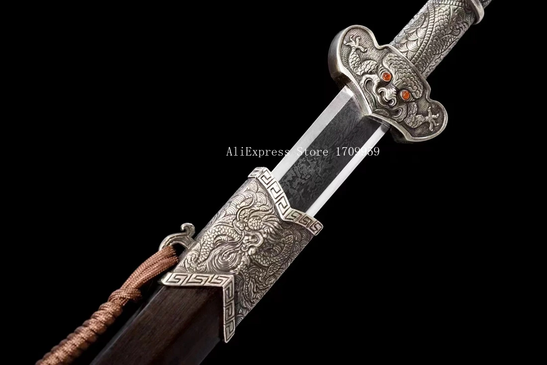 Copper Handle Dragon KungFu Battle Jian Chinese Han Dynasty Double Edge Sword Damascus Folded Steel Blade Ebony Wood Sheath - view 4