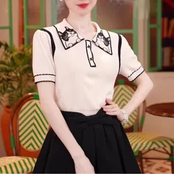 2024 Summer Sweet Chic Lapel Cartoon Embroidered Contrast Color Button Spliced Short Sleeve Slim Knitted Women's Clothing Tops