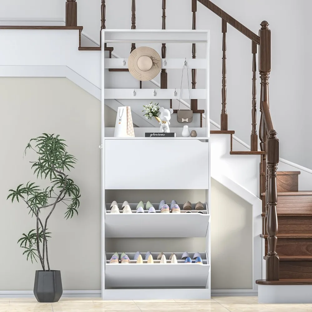 خزانة الأحذية لخزانة الأحذية للمدخل مع 3 أدراج قابلة للطي، خزانة أحذية ضيقة قائمة بذاتها، خشب طويل القامة #4