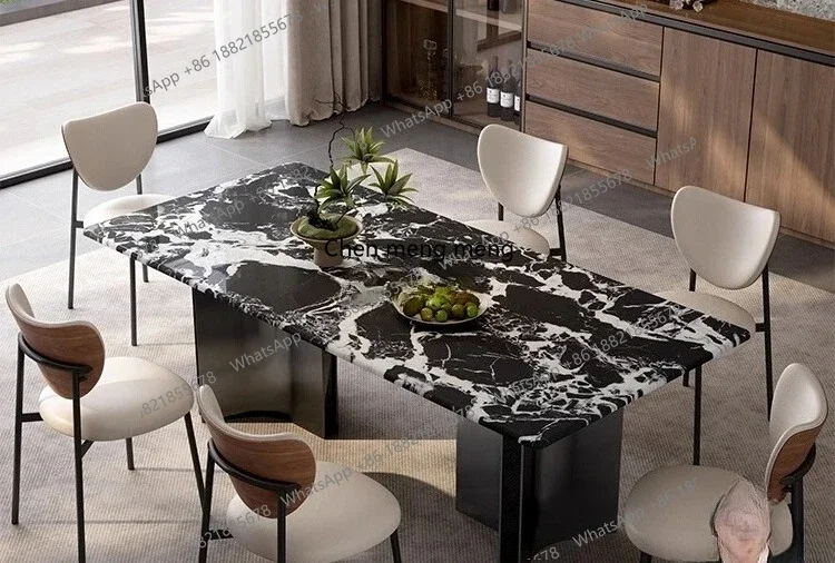 Natural luxury stone dining table imported black luxury stone high-end Italian light luxury rectangular custom dining table