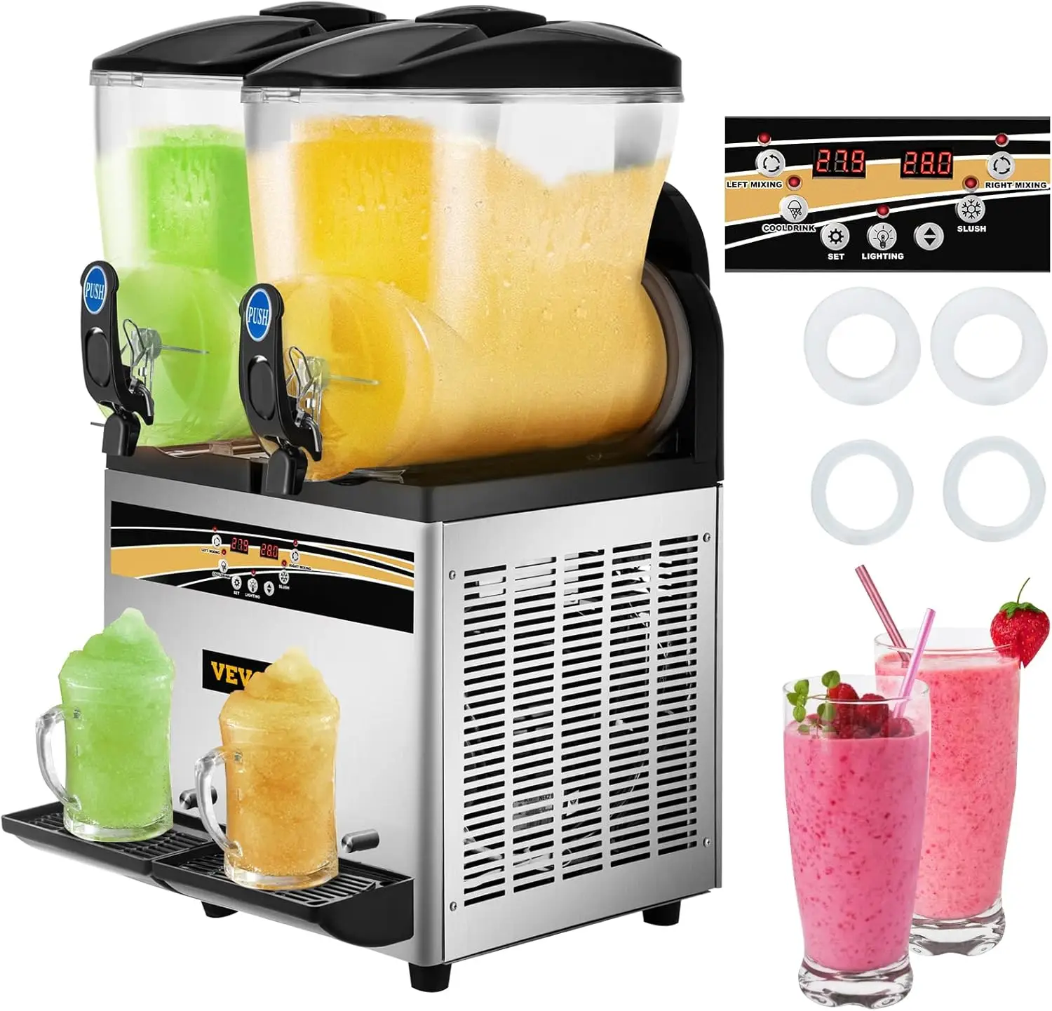 Commercial Slushy Machine, 15Lx2 Tank Margarita Maker, 1000W Stainless Steel Smoothie Frozen Drink Maker for Supermarkets