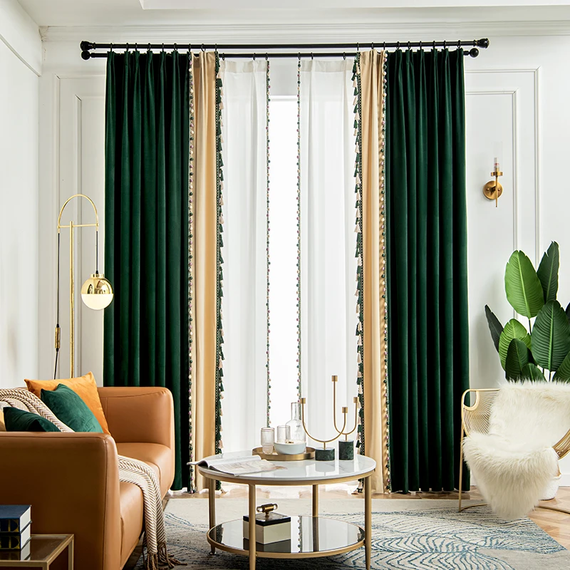 Custom Upscale luxury dark green milk tea color retro American velvet living room  cloth blackout curtain tulle drape C1870