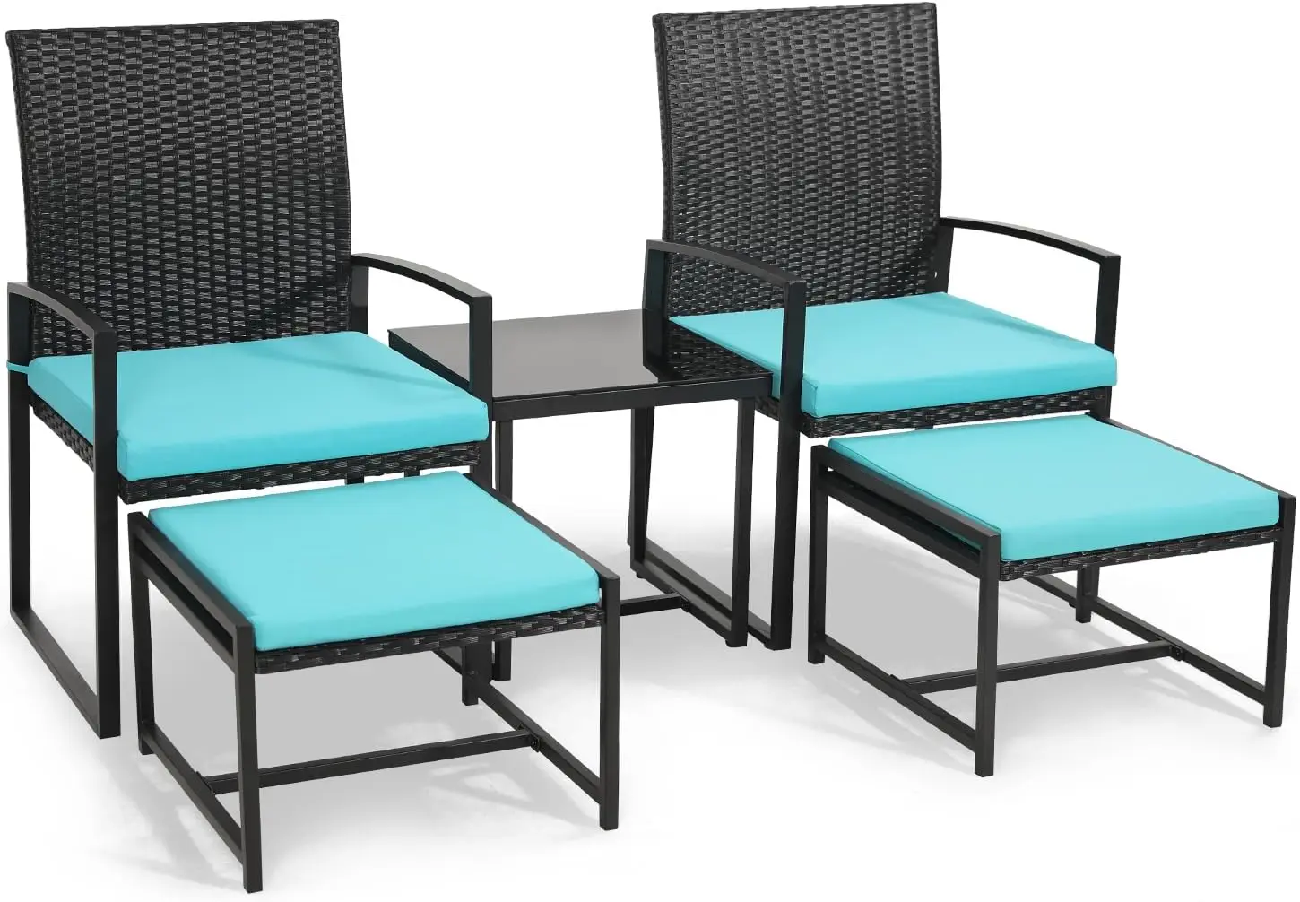 5 Pieces Wicker Patio Conversation Sets, Rattan Furniture Set with Coffee Table and 2 Ottomans, Ideal for Porch, Garden, Yard